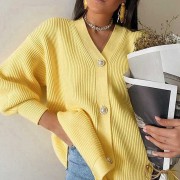 Autumn Winter Women Chic V Neck Lantern Long Sleeve Cardigans Loose Solid Knitted Sweater Button Mid-length Knitwear Tops