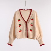 Women Spring Autumn Cherry Embroidered Cardigans Retro Elegant Sweet Puff Sleeve Sweater Short Knitted Tops