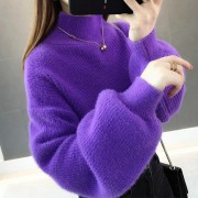 Fashion Autumn Winter Women Sweaters Thick Mohair Turtleneck Soft Lantern Sleeve Short Pullovers Sweater Solid Women Jumpers