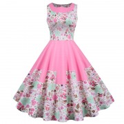 Summer Dress Women Vintage High Waist Peter Pan Collar Sleeveless Pink Floral Print Midi Tunic Casual Party Sundress