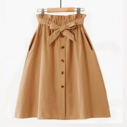 Spring Elegant High Waist Women Summer Casual Solid Cotton Skirts Single Breasted Bow Belt A-Line Midi Skirt