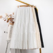 Women Elastic High Waist Girls Two Layer Sweet Lace Pleated Solid Spring Summer Elegant Office Long Skirts Black White