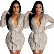 Women′s Deep V Neck Backless Sexy Dress Banquet Party Sequins Tight Package Hip Evening Dress