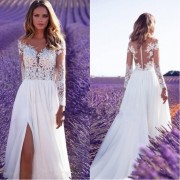 Women′ S V Neck Long-Sleeved Dress Open Sexy See Through Lace Wedding Dresses