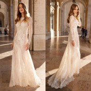 Women′ S Long Sleeved Dress Sexy Lace See-Through Wedding Dresses