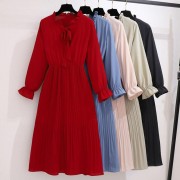 Women Autumn Winter Dress Solid Color Long Vintage Elegant Bow Collar Shirt Dress Ladies Long Sleeve Casual Dresses