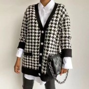 Women Cardigan Autumn Winter Fashion Houndstooth Elegant Knitted Sweater Black Long Sleeve Loose Single Breasted Outerwear